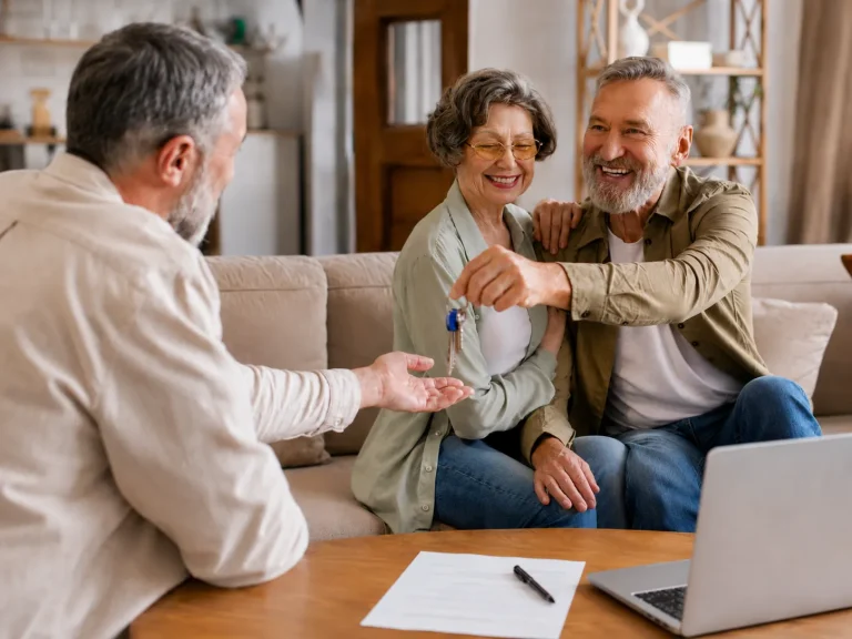 House keys changing hands at the closing table of a home sale