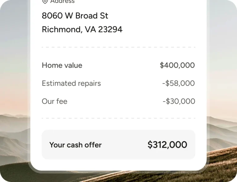 Sample written offer: home value, estimated repairs and fee subtracted to reach the cash offer