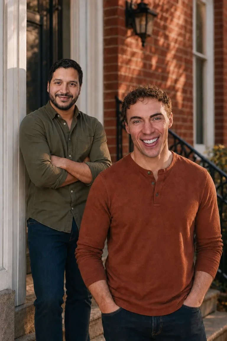 Two men smiling on the front porch of a brick house