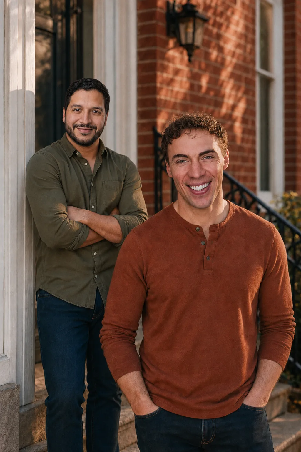 Two men smiling on the front porch of a brick house