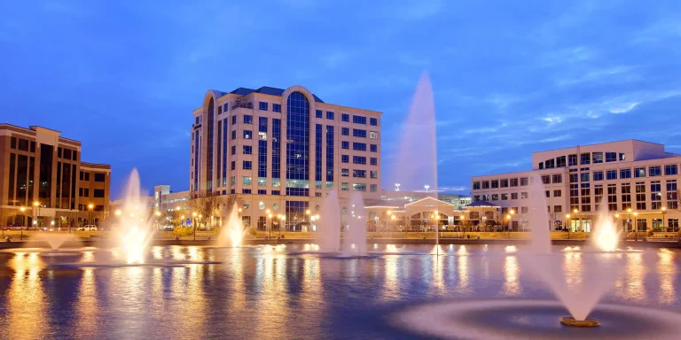 Fountains at City Center in Newport News, Virginia, at dusk