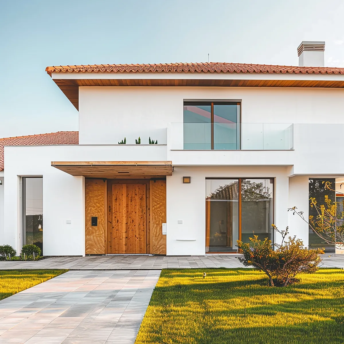 White two-story house with a wooden front door and a green front lawn
